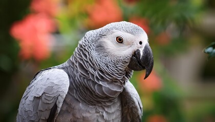 Obraz premium A grey parrot sitting on a branch, head slightly tilted, intelligent look, grey plumage, red tail feathers