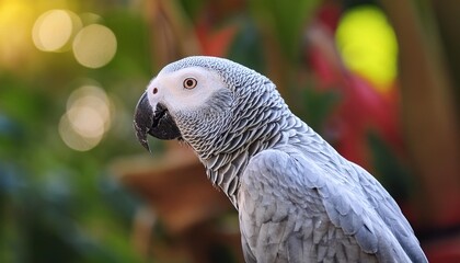 Fototapeta premium A grey parrot sitting on a branch, head slightly tilted, intelligent look, grey plumage, red tail feathers