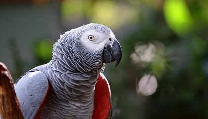 Fototapeta premium A grey parrot sitting on a branch, head slightly tilted, intelligent look, grey plumage, red tail feathers