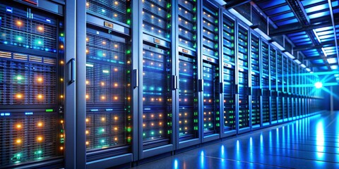 Server Room with Blue Lights and Glowing LEDs, 3D rendering, Server Rack, Data Center, Technology , server room , data storage