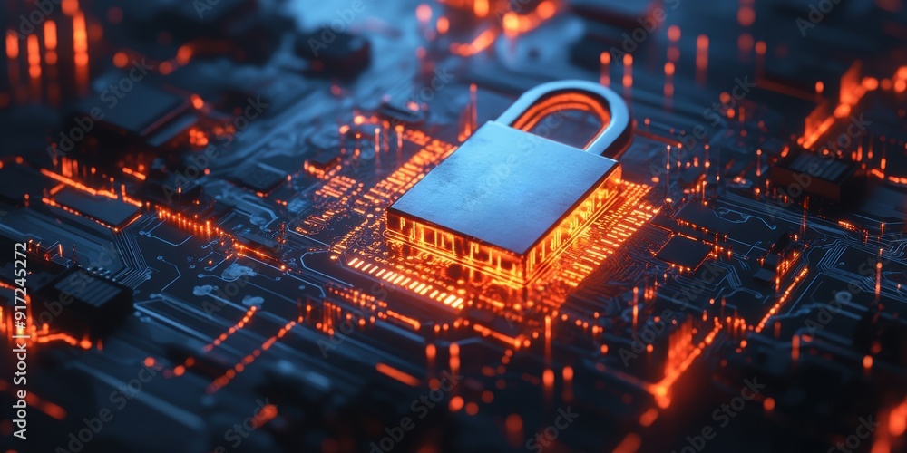 Poster a glowing padlock symbolizing digital security on a futuristic circuit board, representing cybersecu