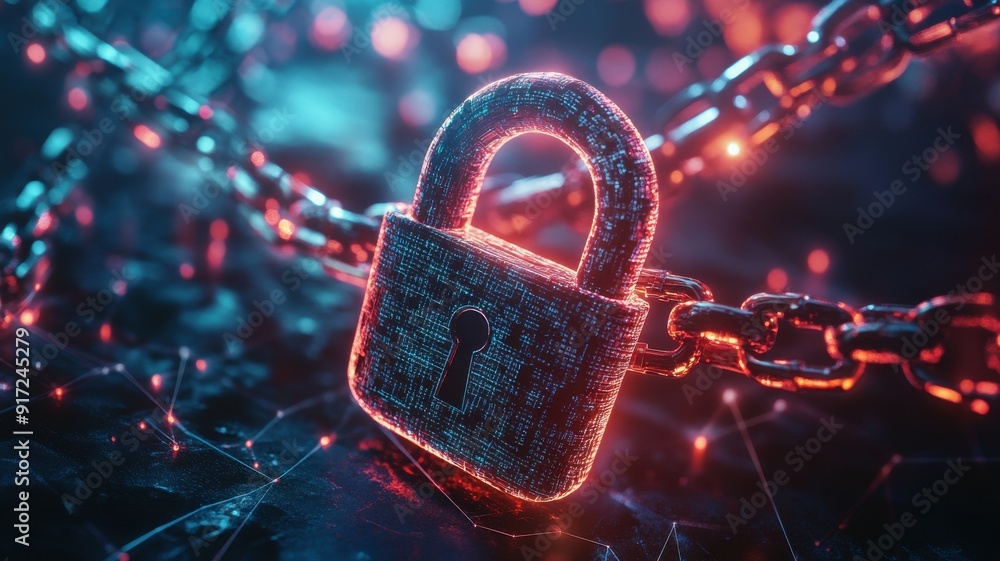 Poster a glowing padlock surrounded by chains, symbolizing security, protection, and data encryption in a d