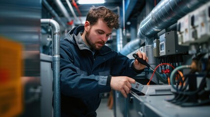 Technician performing routine maintenance on HVAC system