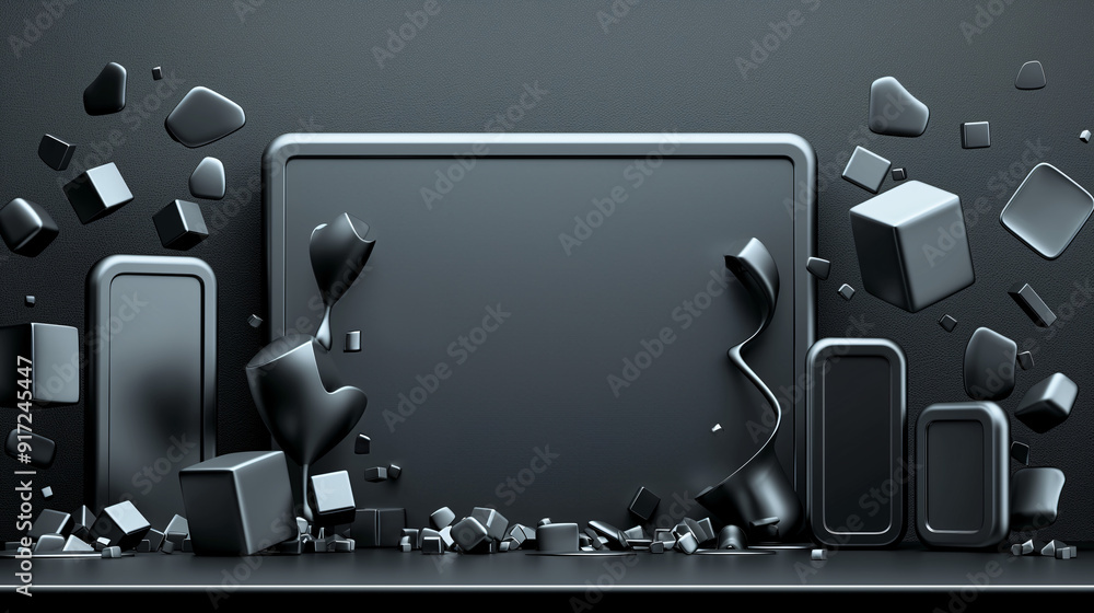 Poster geometric shapes and flowing forms interact on a sleek black backdrop, enhancing visual interest in 