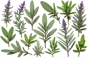 Fototapeta premium set fresh sage herbs clipping path white background
