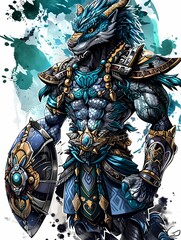 Fototapeta premium A powerful anthropomorphic warrior with a dragon-like head, adorned in ornate armor and wielding a shield.