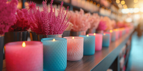 Softly lit candles in various colors and bright flowers on display offer a warm, inviting ambiance in the charming boutique