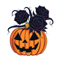 Jack-O-Lantern Halloween pumpkin decorated with natural black rose isolated on white background 