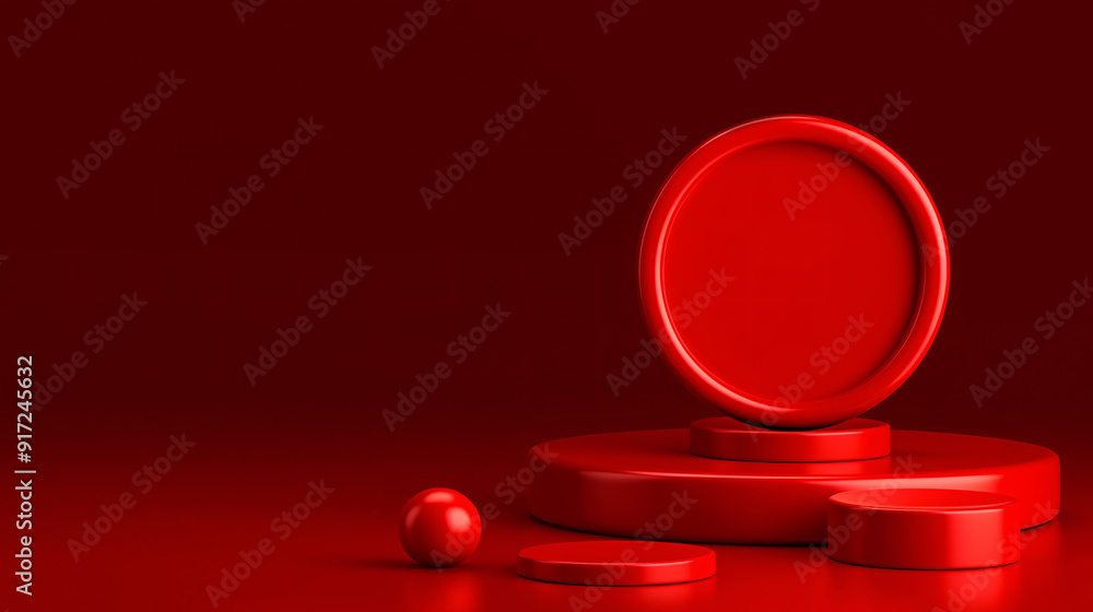 Poster various red circular shapes are stacked and placed elegantly, showcasing a bold artistic arrangement