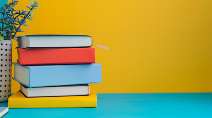 Academic Books: Stacked academic books and notebooks with space for study motivation or book recommendations