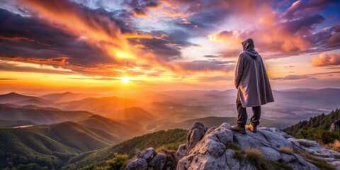 Solitary Figure on Mountain Peak at Sunset, mountain , sunset , landscape , nature