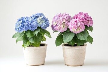 Colorful hydrangea flowers in the pot isolated on a white background