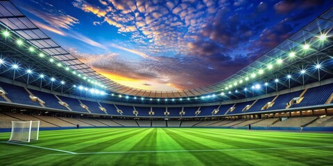 Fototapeta premium Stadium Under Dramatic Sunset Sky, Soccer Field, Sports Arena, Football, Stadium Lights