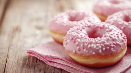 Pink Donuts with Sprinkles on Wooden Table