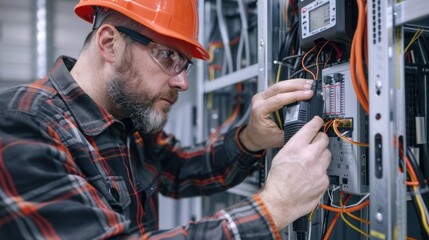 HVAC technician using digital multimeter on unit