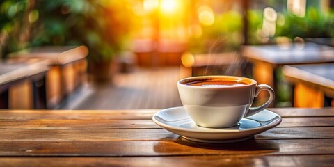 Fototapeta premium Steaming Cup of Coffee on Wooden Table, Cafe Ambiance, Sunlight, Morning Coffee, Coffee, Cafe, Drink