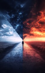 Crossroads of Destiny: The Struggle Between Light and Darkness, Symbolizing the Eternal Battle of Good and Evil, Overcoming Adversity, and the Spiritual Journey Toward a Brighter Future.