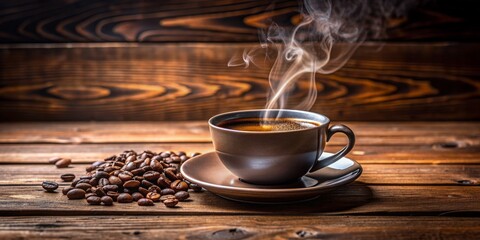Fototapeta premium Steaming Cup of Coffee with Coffee Beans on Rustic Wooden Table, coffee , aroma , morning , beverage