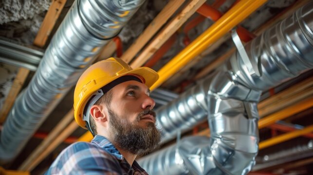Technician inspecting air ducts in residential building
