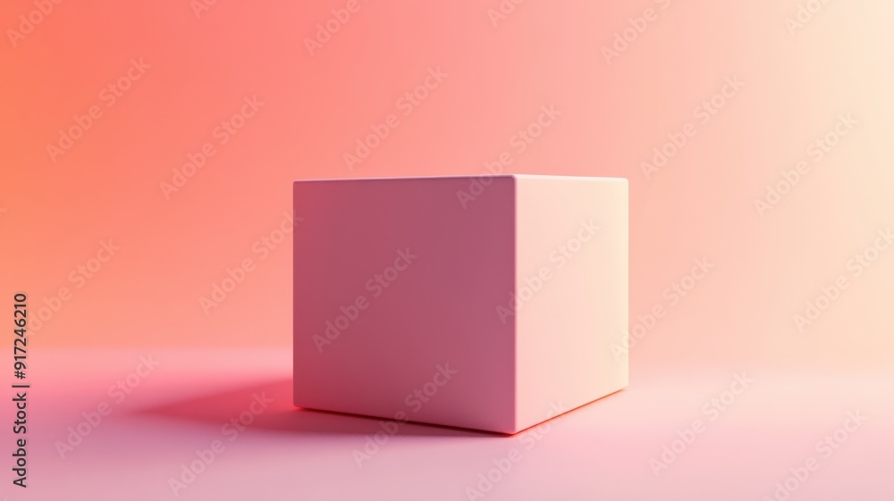 Poster a minimalist pink cube on a smooth surface, illuminated with soft lighting against a vibrant gradien