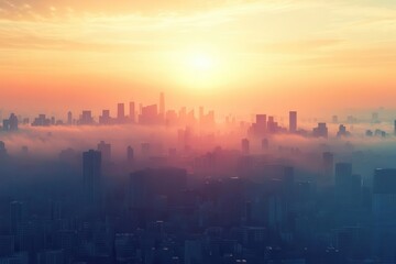 City skyline with morning haze, Monday morning, urban awakening