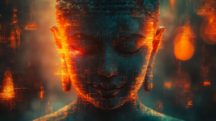 Classic Thai artwork with modern tech overlays, merging vintage aesthetics and contemporary digital effects.