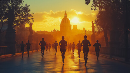 Fototapeta premium Abstract scene of runners with Barcelona's distinctive architectural features.