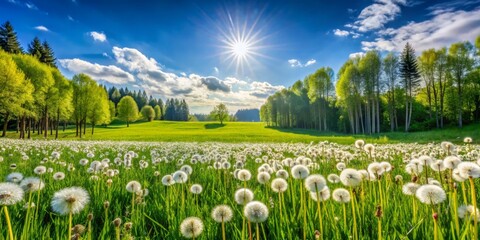 Obraz premium Sun-kissed Meadow with Dandelions and a Forest Edge, Landscape Photography, Spring Bloom, Nature, Green Meadow, Dandelion Field, Forest