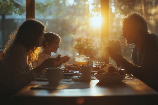 Family having breakfast together with morning light, Monday morning, family bonding