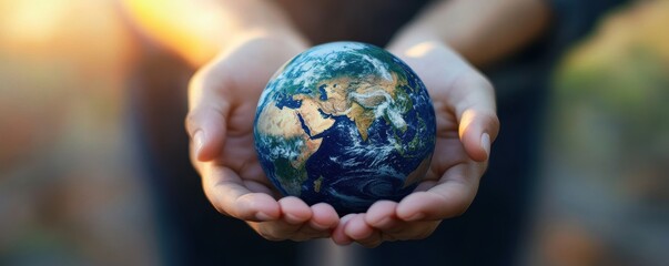 A pair of hands gently holding a vibrant globe, symbolizing care for the planet and global unity. Perfect for environmental themes.