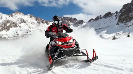 A thrilling snowmobile adventure through snowy mountains.
