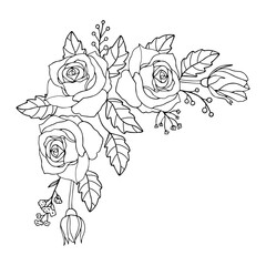 A rose flower border. Vintage hand drawn corner frame 