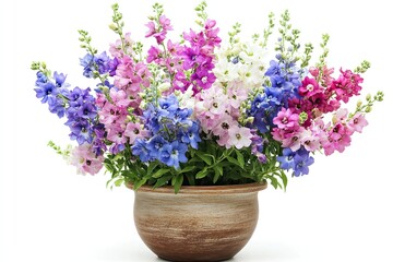 Colorful larkspur flowers in the pot isolated on a white background