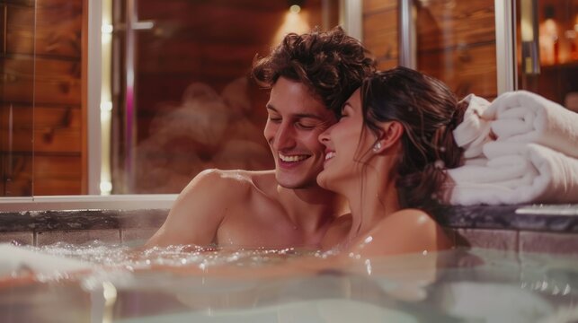 Happy young couple spending quality time in a serene sauna environment at the spa