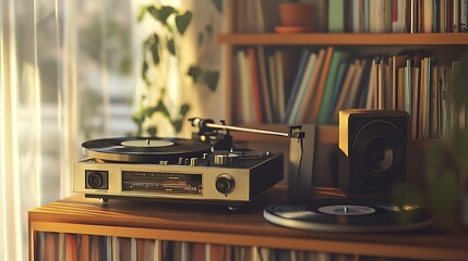 Fototapeta premium Vintage Turntable and Speaker on Wooden Shelf