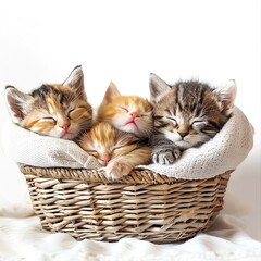 Four adorable kittens peacefully sleeping in a cozy woven basket, radiating warmth and cuteness.