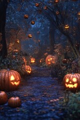 A spooky Halloween scene featuring glowing Jack-o'-lanterns in a dark, enchanted forest path under a starry sky.