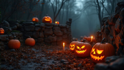 halloween pumpkin on the grave in darkness