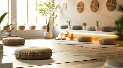 A peaceful, serene yoga studio with calming, decor and comfortable, meditation cushions