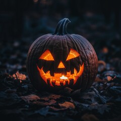 Obraz premium Close-up of a carved jack-o'lantern with a glowing candle inside, detailed pumpkin texture, Halloween