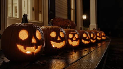 Row of jack-o'lanterns placed on a porch at night, each one with a different spooky face, warm candlelight glowing from within, dimly lit surroundings, Halloween - Powered by Adobe