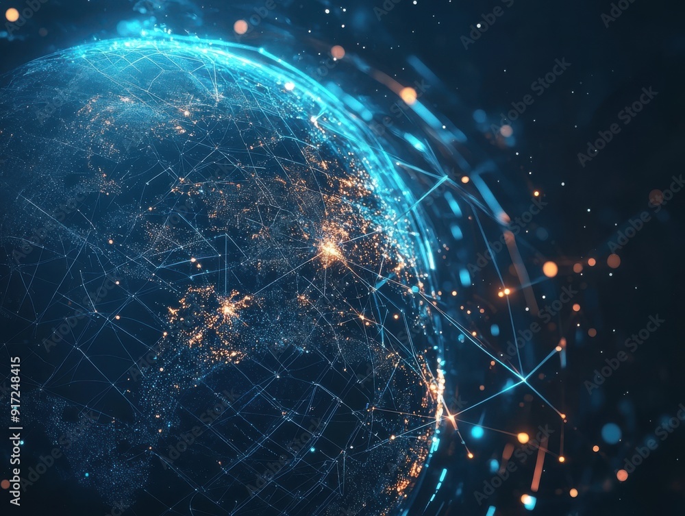 Poster a vibrant, futuristic depiction of the world illuminated with interconnected lights and digital patt