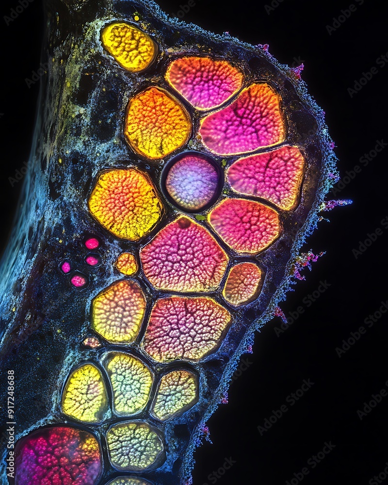 Poster microscopic view of a colorful biological specimen with rounded cells