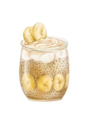 Digital watercolor illustration of banana chia pudding with caramel topping. Food illustration. Watercolor texture. Idea for menus, postcards, print, sketchbook, etc.