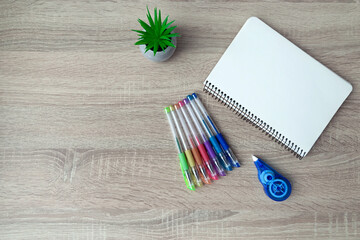 Top view of stationery items on wooden desk. A neatly arranged set of colorful pens, a blank spiral notebook, a small potted plant, and a correction tape are placed on a light wooden desk. Top view