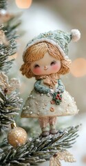 Christmas cute funny little girl near the Christmas tree in embroidery style