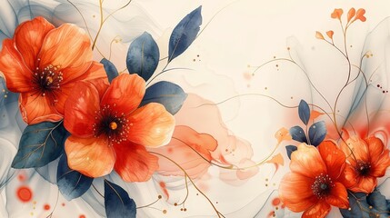 A stylish wedding invitation template with watercolor flowers and leaves, gold lines, and marble abstract background, offering plenty of blank space for text