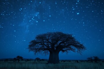 A baobab tree at the savannah at night