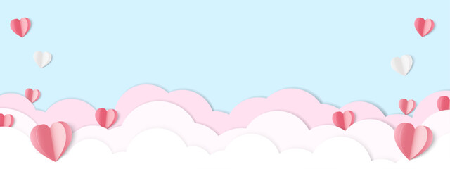Happy Valentine's Day poster. Beautiful paper cut white clouds with heart on blue background. Design for Anniversary. Banner for showing love. Copy space for text. Papercut style. Vector illustration