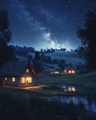 Fototapeta premium A serene night scene featuring cozy cottages illuminated under a starlit sky, reflecting on a peaceful pond.